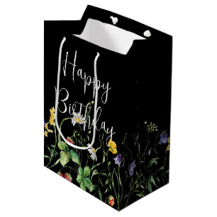 Geburtstags-Wildblumen auf Schwarz Mittlere Geschenktüte