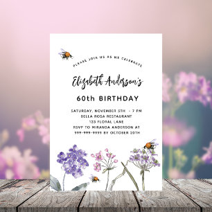 Geburtstags-Wildblumen violett rosa Bienen  Einladungspostkarte