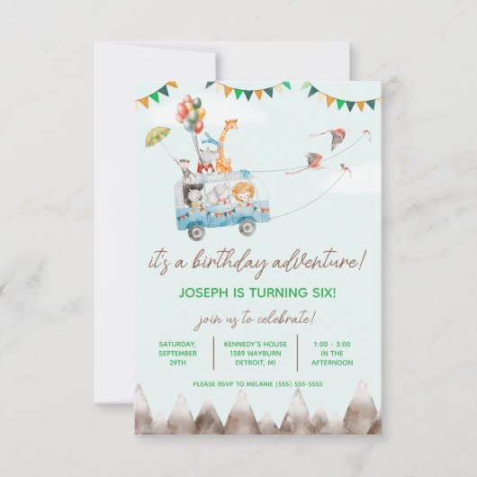 Geburtstagsabenteuer, fliegende Tiere, Geburtstag Einladung (Vorderseite)