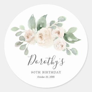 Geburtstagsaufkleber Custom 90th White Rose Floral Runder Aufkleber