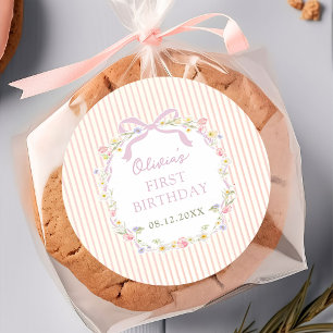 Geburtstagsaufkleber mit rosa Schleife und florale Runder Aufkleber