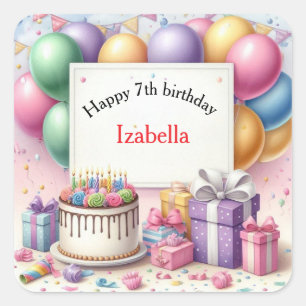 Geburtstagsaufkleber Pastell Ballons Torte Party F Quadratischer Aufkleber