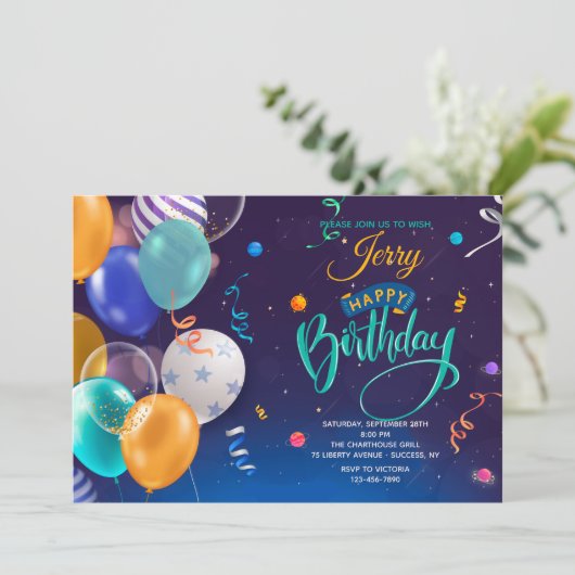 Geburtstagsballons Einladung (Stehend Vorderseite)