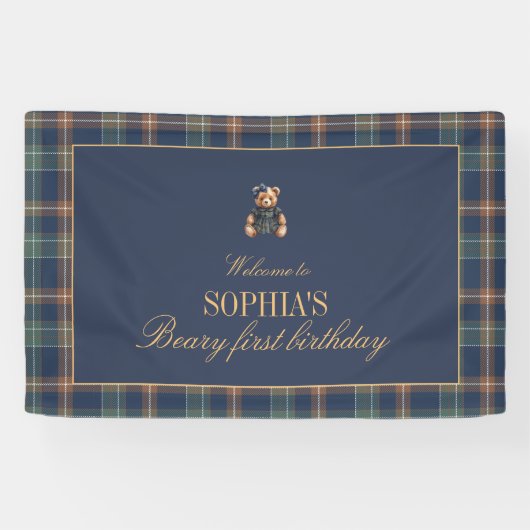 Geburtstagsbanner Navy Plaid Teddybär Mädchen Banner (Horizontal)
