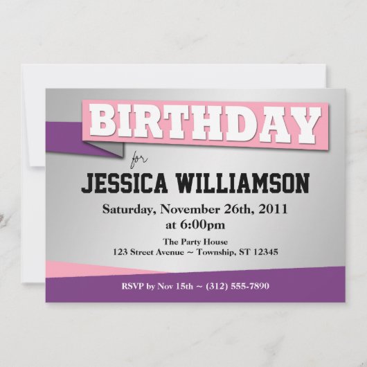 Geburtstagsbanner Rosa und Lila Party Einladungen (Vorderseite)
