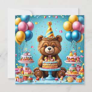 Geburtstagsbär mit Kuchen und Ballons Einladung