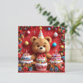 Geburtstagsbär mit Kuchen und Ballons Einladung (Stehend Vorderseite)