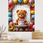 Geburtstagsbär mit Kuchen und Ballons Poster (Küche)