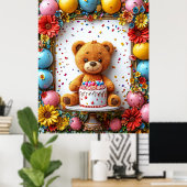 Geburtstagsbär mit Kuchen und Ballons Poster (Heimbüro)