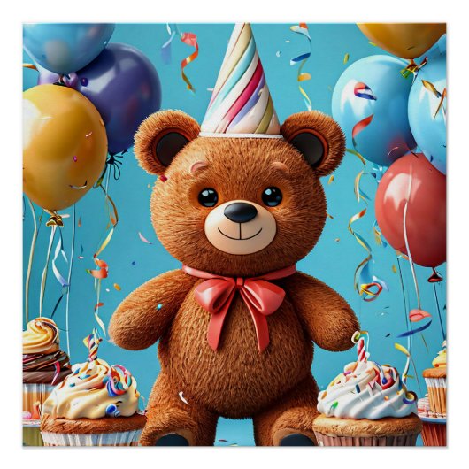 Geburtstagsbär mit Kuchen und Ballons Poster (Vorderseite)