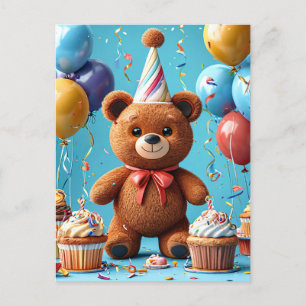 Geburtstagsbär mit Kuchen und Ballons Postkarte