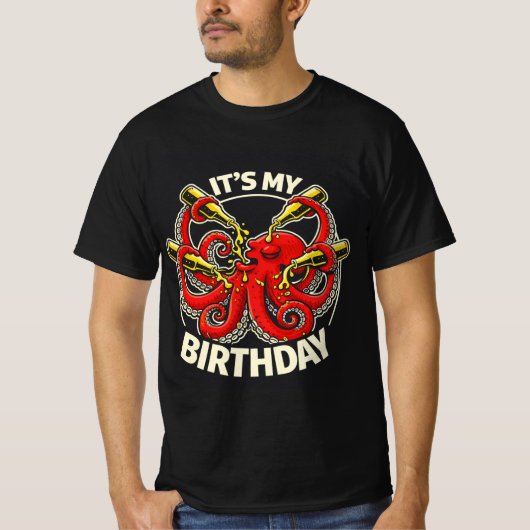 Geburtstagsbier saufender Oktopus T-Shirt (Vorderseite)