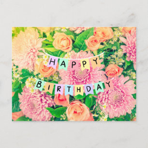 Geburtstagsblumen - rosa Chrysanthemen und Rosen  Postkarte