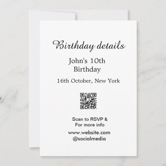 Geburtstagsdetails 10. Geburtstagsscanner QR-Websi Einladung (Vorderseite)