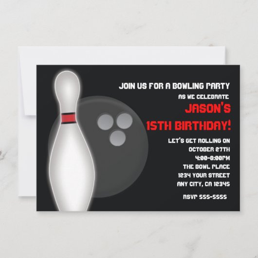 Geburtstagseinladung Bowling Bowl für Jungen oder Einladung (Vorderseite)