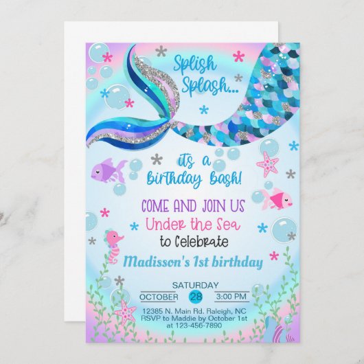 Geburtstagseinladung der Meerjungfrau. Einladung (Vorne/Hinten)