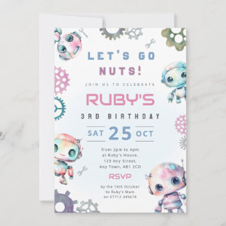 Geburtstagseinladung für Mädchen mit rosa Roboter Einladung