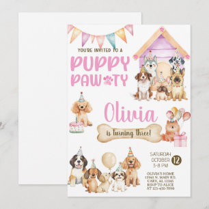 Geburtstagseinladung für Mädchen-Welpen / Hundepar Einladung