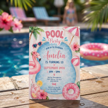 Geburtstagseinladung Mädchen Poolparty rosa Streif