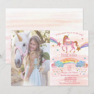 Geburtstagseinladung Regenbogen-Einhorn mit Foto h Einladung