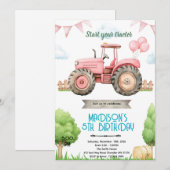 Geburtstagseinladung rosa Traktor Einladung (Vorne/Hinten)