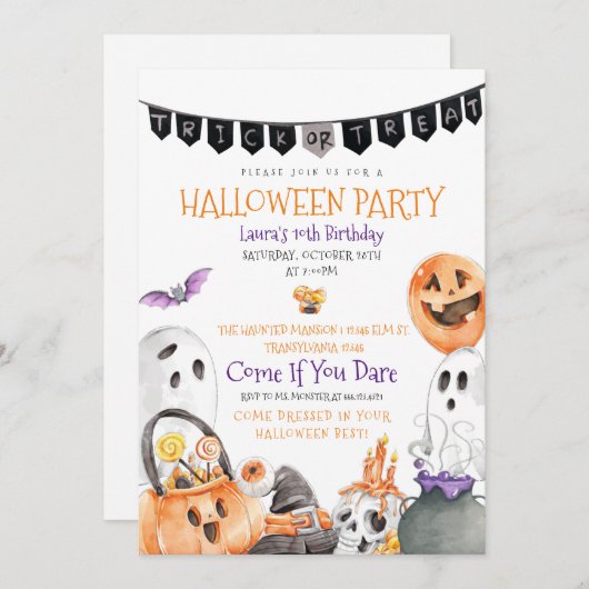 Geburtstagseinladung, Trick oder Treat Halloween Einladung (Vorne/Hinten)