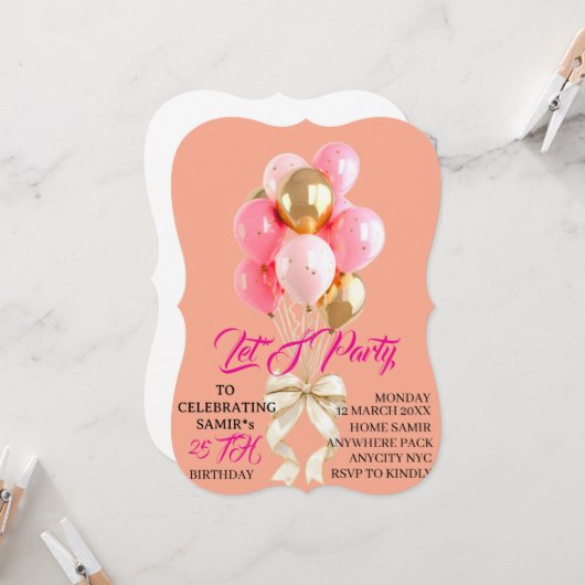 Geburtstagseinladungsvorlage mit rosa Ballons:  Einladung (Vorderseite/Rückseite Beispiel)