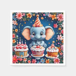 Geburtstagselefant mit Kuchen und Ballons Serviette