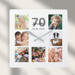 Geburtstagsfamilie für Foto-Collage Quadratische Wanduhr<br><div class="desc">Eine Wanduhr als Geschenk für einen 70. Geburtstag für eine Frau,  die ihr Leben mit einer Collage von 7 Ihrer Fotos feiert. Personalisieren und fügen Sie einen Namen,  Alter 70 und ein Datum. Geburtsdatum oder das Datum des Jahrestages. Schwarz-Graue Buchstaben. Ein schick weißer Hintergrund.</div>