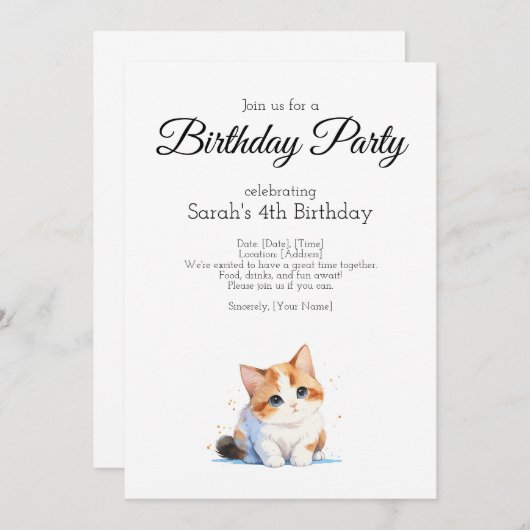 Geburtstagsfeier, Aquarellkatzenkätzchen Einladung (Vorne/Hinten)
