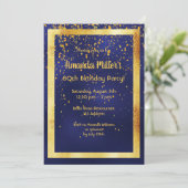Geburtstagsfeier auf Mitternacht blauer Goldrahmen Einladung (Stehend Vorderseite)