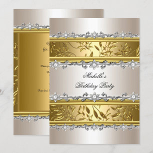 Geburtstagsfeier Blumen Creme Gold Silber Diamant Einladung