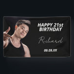Geburtstagsfeier Foto Schwarz-weißer moderner Typ<br><div class="desc">Ein Banner, der einen 21. Geburtstag (oder jeden Alters) feiert, der für einen Typ, Mann, einen Meilenstein darstellt. Ein eleganter, moderner schwarzer Hintergrund. Personalisieren und fügen Sie Ihr eigenes Foto des Geburtstagsjungen/Mannes hinzu. Der Text: Der Name in Weiß mit einem modernen handgeschriebenen Stil Skript. Tempate für einen Namen, Alter 21...</div>