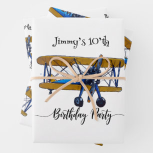 Geburtstagsfeier für Jungen mit blauem und gelbem Geschenkpapier Set