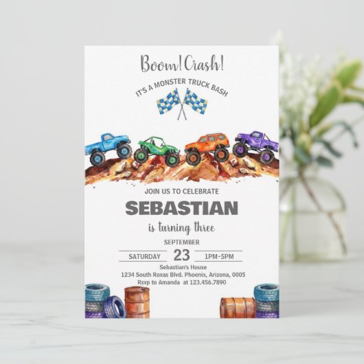 Geburtstagsfeier für moderne Kinder mit Monstertru Einladung (Stehend Vorderseite)
