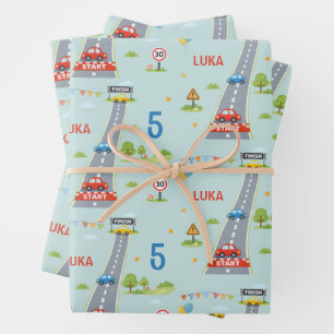Geburtstagsfeier für Rennwagen-Kinder Geschenkpapier Set