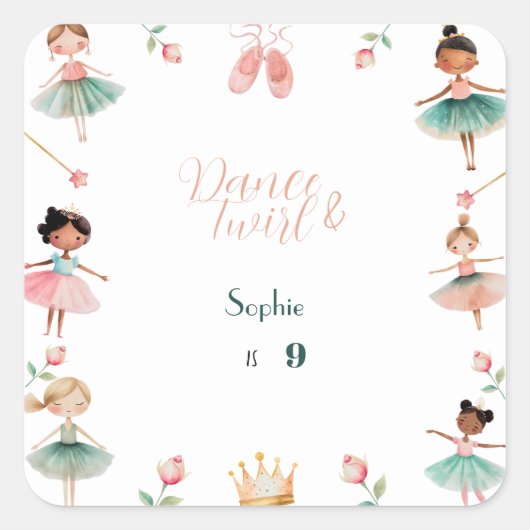 Geburtstagsfeier für Tanz & Twirl Quadratischer Aufkleber (Vorderseite)