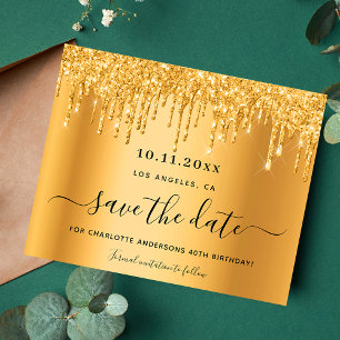Geburtstagsfeier Gold Glitter Tropfen Save the Dat Flyer