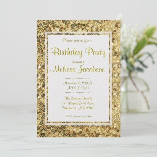 Geburtstagsfeier | Gold-Sequenzen Einladung (Stehend Vorderseite)