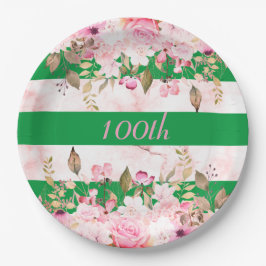 Geburtstagsfeier Grüner rosa Streifen Floral Pappteller