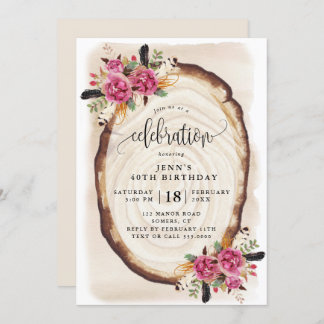 Geburtstagsfeier, Holzschnitt Rosa Blütenbraun Einladung