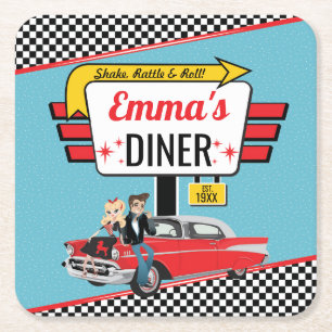 Geburtstagsfeier im Retro-Diner-Stil der 1950er Ja Rechteckiger Pappuntersetzer