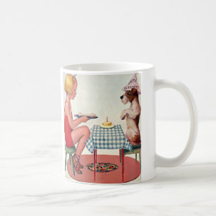 Geburtstagsfeier im Vintage-Stil, Mädchen mit Hund Kaffeetasse