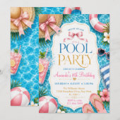 Geburtstagsfeier Mädchen Rosa Poolparty Einladung (Vorne/Hinten)