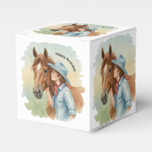 Geburtstagsfeier mit blauem Cowboy, der ein Pferd  Geschenkschachtel