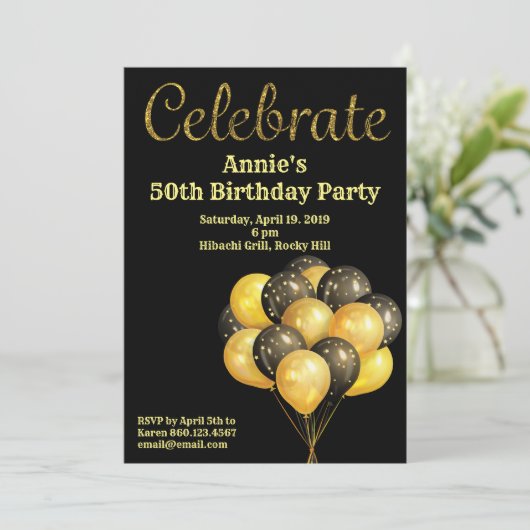 Geburtstagsfeier mit Goldballons Einladung (Stehend Vorderseite)