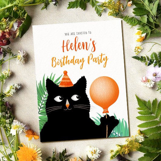 Geburtstagsfeier mit schwarzer Katze einladen Postkarte