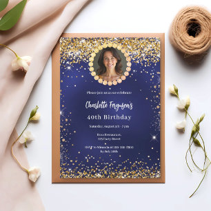 Geburtstagsfeier Navy Blau Gold Diamant Foto Einladung