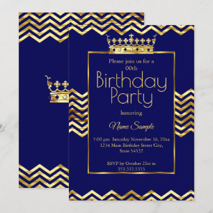 Geburtstagsfeier Navy Blau Goldene Krone Chevron Einladung