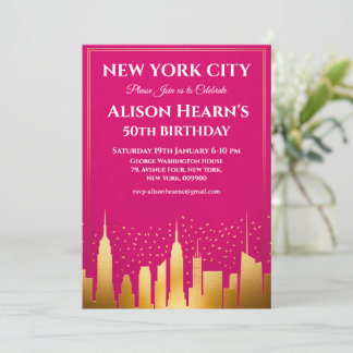 Geburtstagsfeier New Yorker Skyline Pink & Gold Einladung